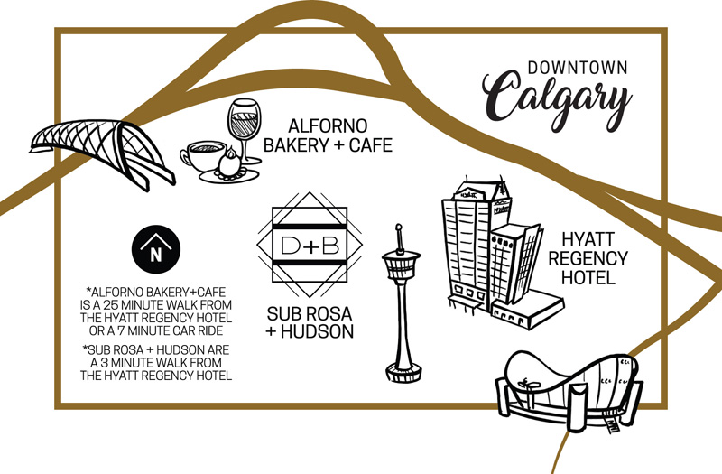Graphic map of Calgary with spot illustrations of local landmarks