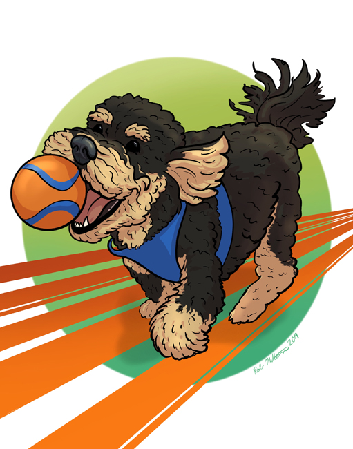 Caricature of Dog catching a ball.