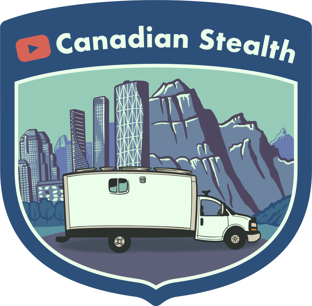 Sticker design of a box truck with a cityscape transitioning to a mountain scape, and the title Canadian Stealth.