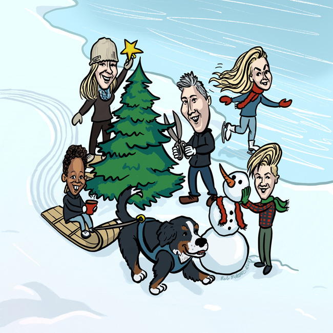 A Family Christmas card with caricatures of the family playing in snow.