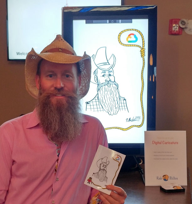 Stampede Cowboy with his caricature at google cloud event.
