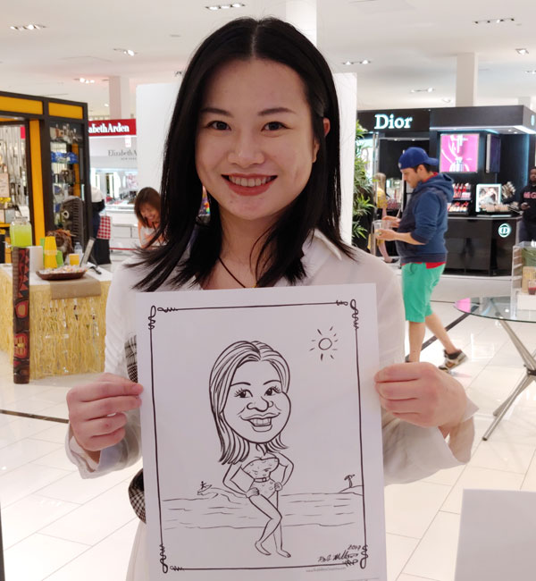 Caricature of a babe on a beach.