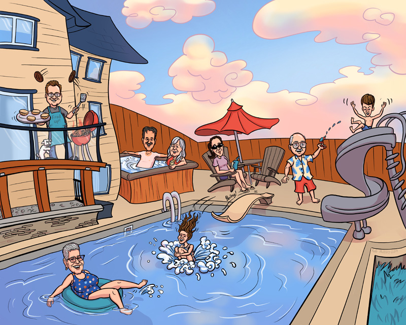 Caricature of a family enjoying the pool and backyward life.