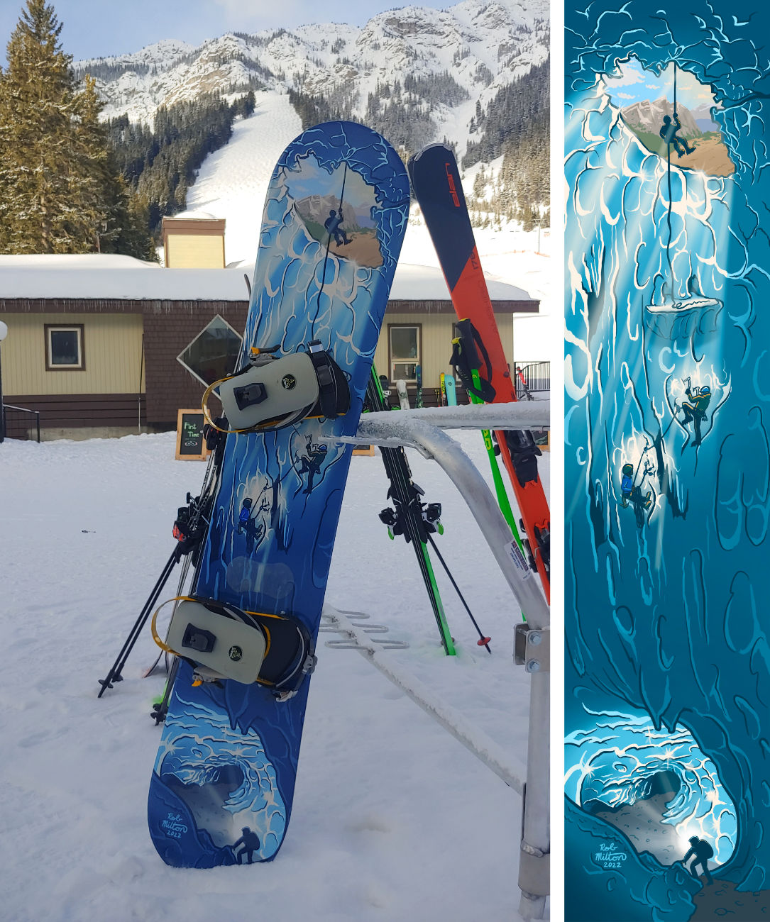 Snowboard with artwork of ice climbers in a cave