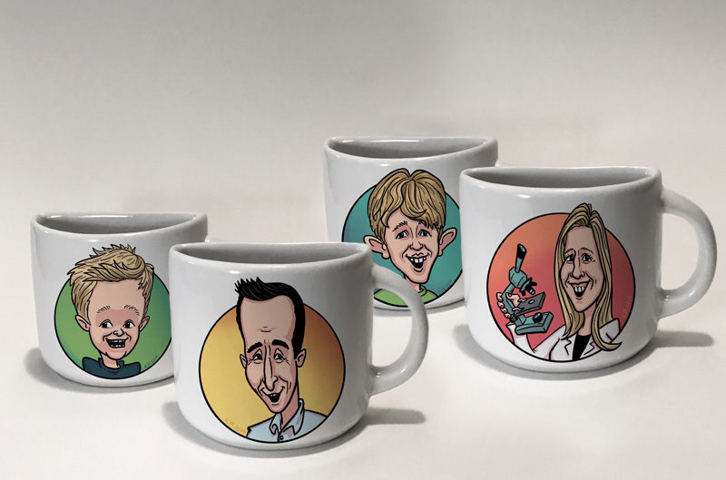 Family Caricatures on 4 mugs.