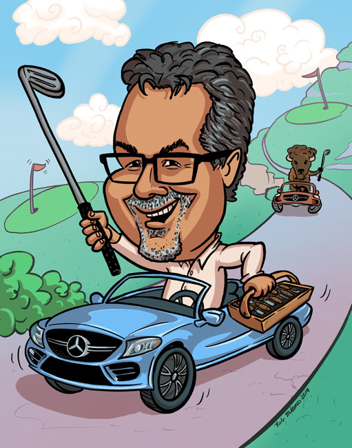Caricature of retiree driving mercedes through golf coarse with bufalo following
