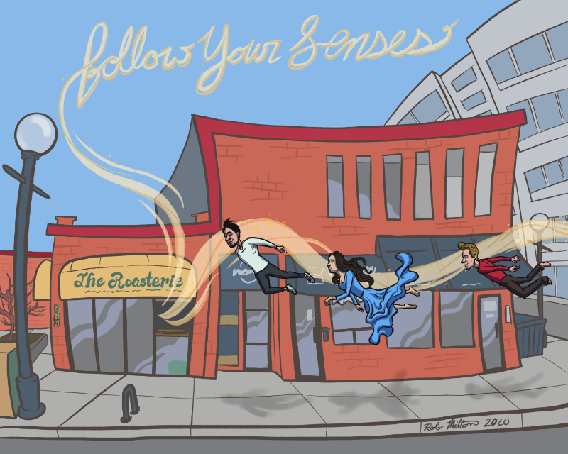 Illustrated community members floating in the air, following the smell of coffee to The Roasterie with the title Follow your senses