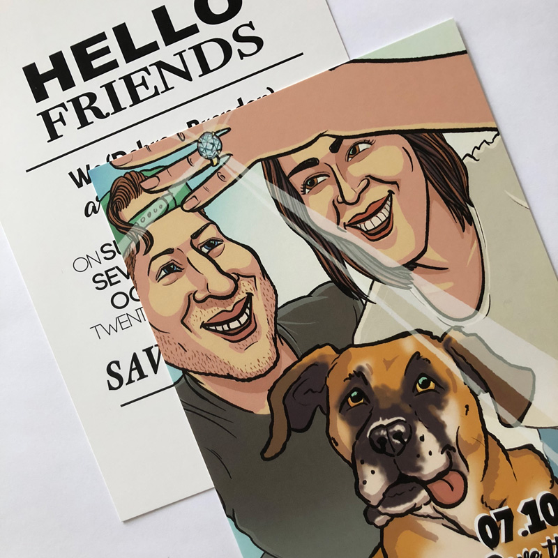 Save the Date cards for a wedding with a caricature of the couple.