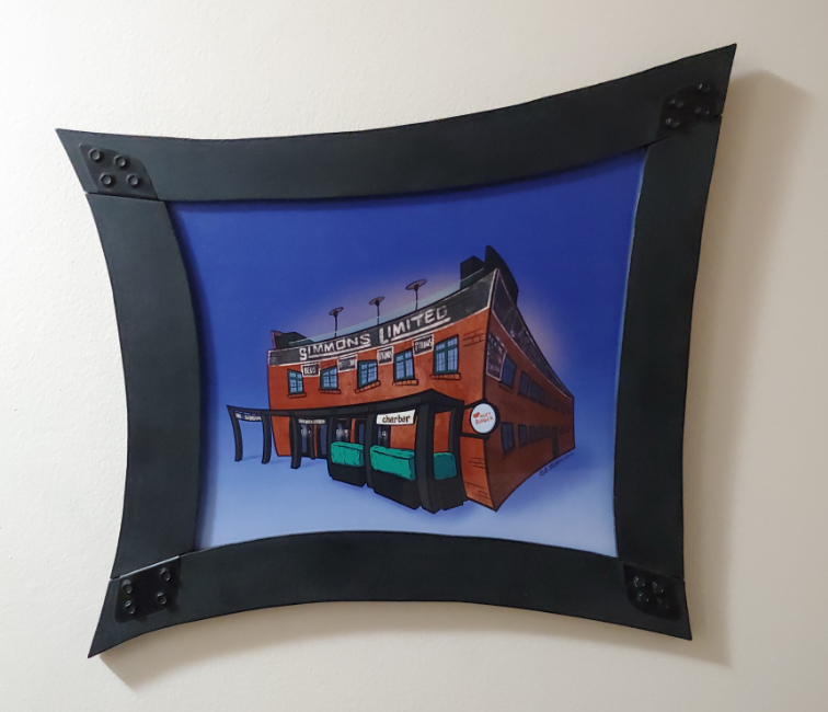 Stylized illustration of The Simmons building in East Village complete with custom wacky frame based on the architecture