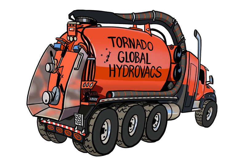 Cartoon of Tornado Global Hydrovacs truck intended for use as a sticker.